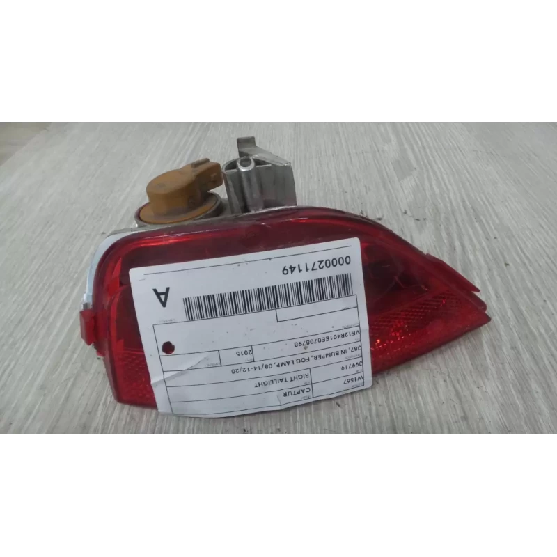 RENAULT CAPTUR RIGHT TAILLIGHT J87, IN BUMPER, FOG LAMP, 08/14-12/20 2015